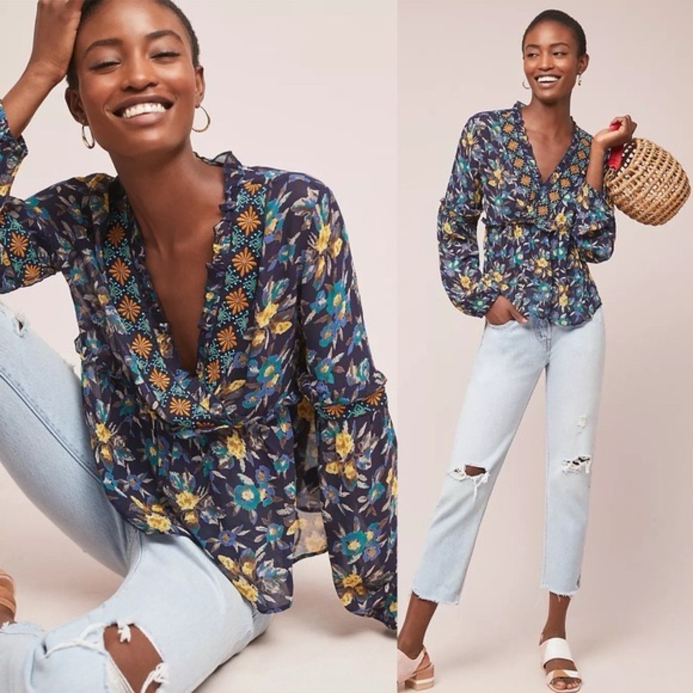 Meadow Rue by Anthropologie Strasser Embroidered Peasant Blouse